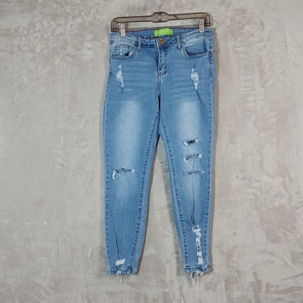 GoGo Jeans Juniors Size 7 Distressed Skinny Blue Jeans Raw Hem Style 7818